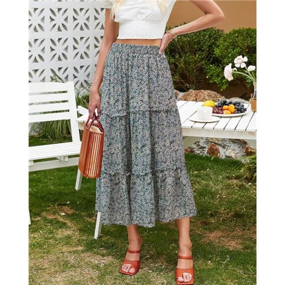 Women's Floral Midi Skirts Elastic High Waist A-Line Swing Skirts - Picture 2 of 7